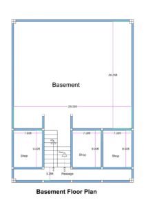 30x40 basement floor plan (actual usable size approximately 29x26.25 ft main hall area) featuring a large open basement space, three front-facing shops, central staircase access, and a front passage. The plot width is 30 feet, and the basement depth is approximately 40 feet. The main basement hall measures around 29 feet in width and 26.25 feet in depth, creating a spacious commercial or storage area. At the front portion, three individual shop units are aligned side by side, each measuring approximately 7 feet in width and 9 feet in depth. A central staircase connects the basement to upper floors, with clear “up” and “down” directional markings. A 3.25-foot-wide front passage provides circulation space in front of the staircase and shop entries. The plan clearly shows wall thickness, structural columns, staircase positioning, and internal dimensions.