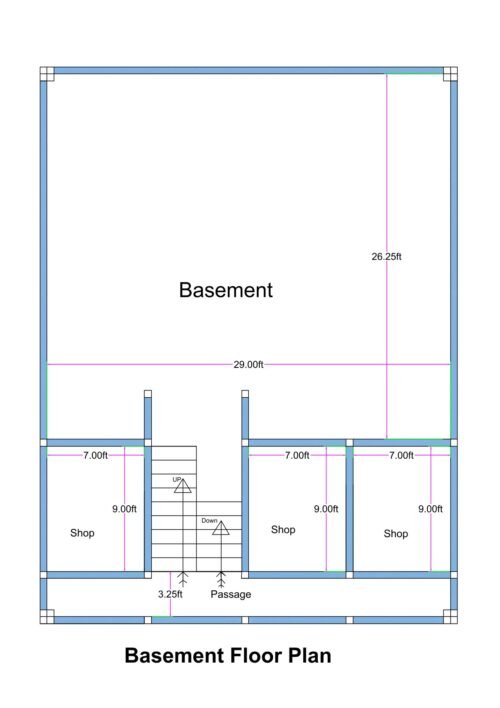 30x40 basement floor plan (actual usable size approximately 29x26.25 ft main hall area) featuring a large open basement space, three front-facing shops, central staircase access, and a front passage. The plot width is 30 feet, and the basement depth is approximately 40 feet. The main basement hall measures around 29 feet in width and 26.25 feet in depth, creating a spacious commercial or storage area. At the front portion, three individual shop units are aligned side by side, each measuring approximately 7 feet in width and 9 feet in depth. A central staircase connects the basement to upper floors, with clear “up” and “down” directional markings. A 3.25-foot-wide front passage provides circulation space in front of the staircase and shop entries. The plan clearly shows wall thickness, structural columns, staircase positioning, and internal dimensions.