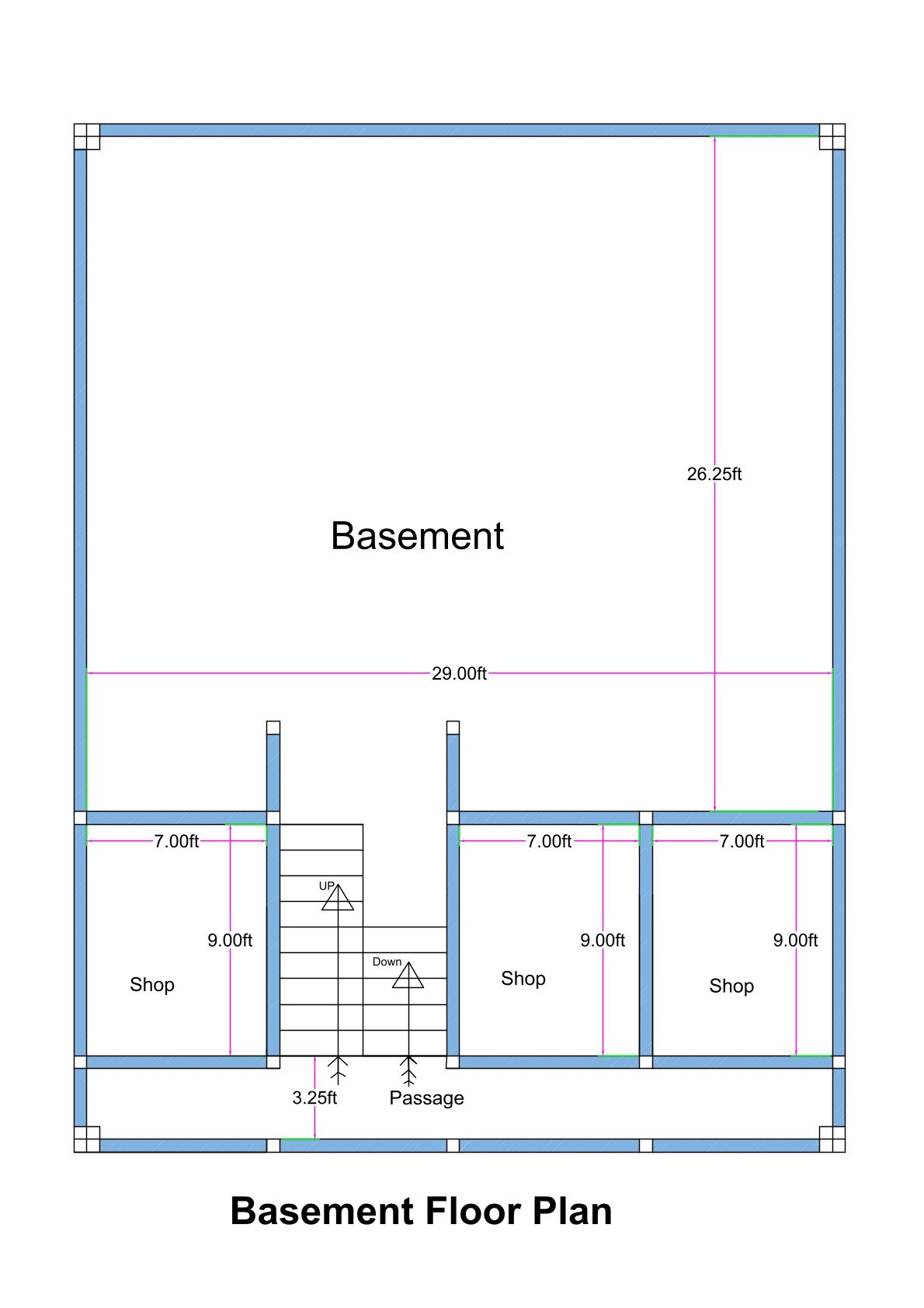 30x40 basement floor plan (actual usable size approximately 29x26.25 ft main hall area) featuring a large open basement space, three front-facing shops, central staircase access, and a front passage. The plot width is 30 feet, and the basement depth is approximately 40 feet. The main basement hall measures around 29 feet in width and 26.25 feet in depth, creating a spacious commercial or storage area. At the front portion, three individual shop units are aligned side by side, each measuring approximately 7 feet in width and 9 feet in depth. A central staircase connects the basement to upper floors, with clear “up” and “down” directional markings. A 3.25-foot-wide front passage provides circulation space in front of the staircase and shop entries. The plan clearly shows wall thickness, structural columns, staircase positioning, and internal dimensions.