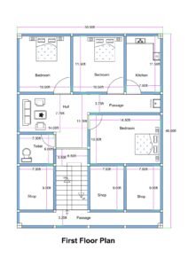 30x40 mixed-use first floor house plan featuring three bedrooms, hall, kitchen, toilet, front commercial shops, central staircase, and internal passage. The plot measures 30 feet in width and 40 feet in depth. The front portion includes three shops, each approximately 7 feet wide and 9 feet deep, aligned along a 3.25-foot-wide front passage. A centrally located staircase provides upward access to upper floors. Behind the staircase, the residential section includes a hall measuring approximately 14x7.75 feet. Two bedrooms at the top measure about 10.5x11.5 feet each, while a larger bedroom on the right side measures approximately 14.5x10 feet. The kitchen is positioned at the top right corner measuring approximately 11.5x7 feet. A common toilet measuring approximately 7x6 feet is located on the left middle side. The layout clearly shows dimensions, wall thickness, door swings, and circulation paths.