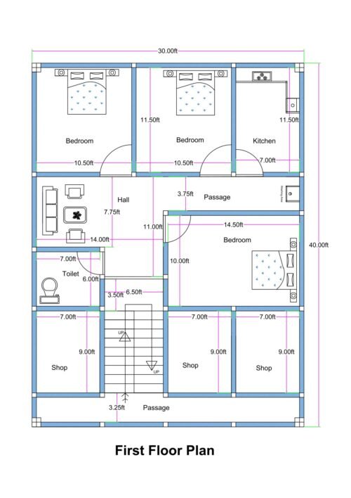 30x40 mixed-use first floor house plan featuring three bedrooms, hall, kitchen, toilet, front commercial shops, central staircase, and internal passage. The plot measures 30 feet in width and 40 feet in depth. The front portion includes three shops, each approximately 7 feet wide and 9 feet deep, aligned along a 3.25-foot-wide front passage. A centrally located staircase provides upward access to upper floors. Behind the staircase, the residential section includes a hall measuring approximately 14x7.75 feet. Two bedrooms at the top measure about 10.5x11.5 feet each, while a larger bedroom on the right side measures approximately 14.5x10 feet. The kitchen is positioned at the top right corner measuring approximately 11.5x7 feet. A common toilet measuring approximately 7x6 feet is located on the left middle side. The layout clearly shows dimensions, wall thickness, door swings, and circulation paths.