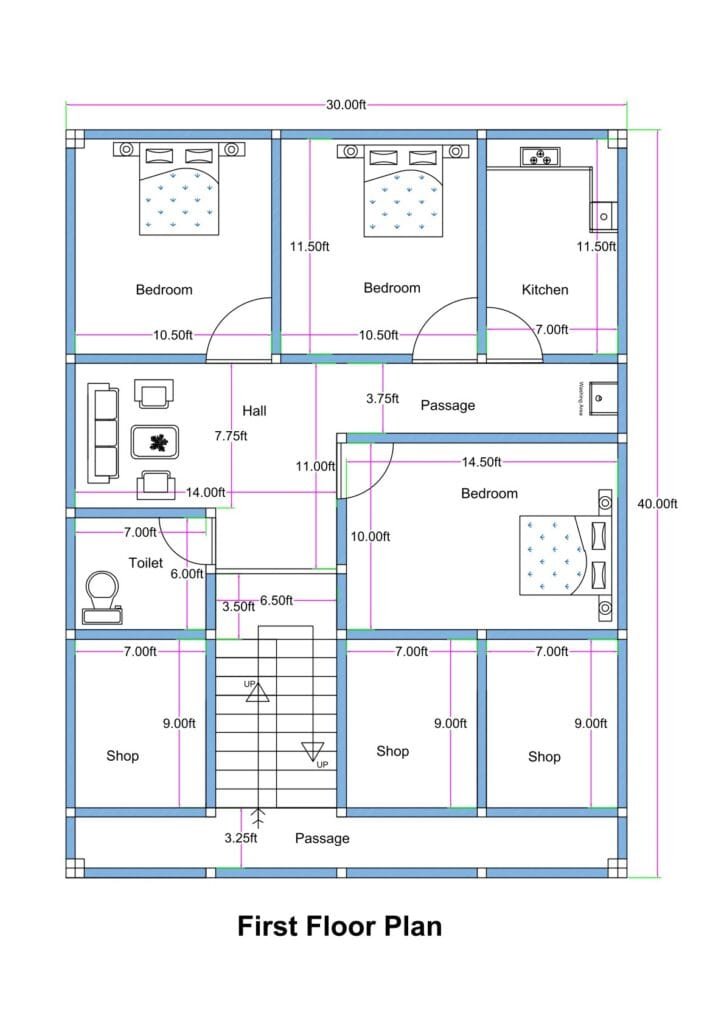 30x40 mixed-use first floor house plan featuring three bedrooms, hall, kitchen, toilet, front commercial shops, central staircase, and internal passage. The plot measures 30 feet in width and 40 feet in depth. The front portion includes three shops, each approximately 7 feet wide and 9 feet deep, aligned along a 3.25-foot-wide front passage. A centrally located staircase provides upward access to upper floors. Behind the staircase, the residential section includes a hall measuring approximately 14x7.75 feet. Two bedrooms at the top measure about 10.5x11.5 feet each, while a larger bedroom on the right side measures approximately 14.5x10 feet. The kitchen is positioned at the top right corner measuring approximately 11.5x7 feet. A common toilet measuring approximately 7x6 feet is located on the left middle side. The layout clearly shows dimensions, wall thickness, door swings, and circulation paths.