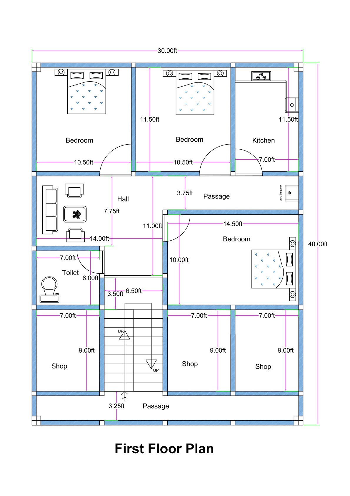 30x40 mixed-use first floor house plan featuring three bedrooms, hall, kitchen, toilet, front commercial shops, central staircase, and internal passage. The plot measures 30 feet in width and 40 feet in depth. The front portion includes three shops, each approximately 7 feet wide and 9 feet deep, aligned along a 3.25-foot-wide front passage. A centrally located staircase provides upward access to upper floors. Behind the staircase, the residential section includes a hall measuring approximately 14x7.75 feet. Two bedrooms at the top measure about 10.5x11.5 feet each, while a larger bedroom on the right side measures approximately 14.5x10 feet. The kitchen is positioned at the top right corner measuring approximately 11.5x7 feet. A common toilet measuring approximately 7x6 feet is located on the left middle side. The layout clearly shows dimensions, wall thickness, door swings, and circulation paths.