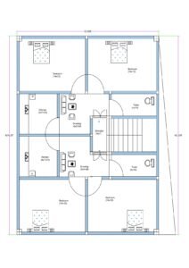 30x40 duplex-style 4BHK floor plan (actual size approximately 30x42.25 ft with one side slightly angled at 42 ft) featuring symmetrical upper and lower residential units with central staircase access. The layout is 30 feet wide and approximately 42 feet deep. The plan includes four bedrooms, each measuring 14x12 feet—two positioned at the top section and two at the bottom section. Two kitchens (each approximately 9x7.5 feet) are located on the left middle portion, serving separate living units. Two drawing rooms (approximately 9x6.5 feet each) are positioned adjacent to the kitchens. A centrally located staircase measuring approximately 14x7 feet provides vertical circulation. Two toilets (each 5x10 feet) are placed on the right side aligned vertically. The design shows door swings, wall thickness, internal dimensions, and furniture placement for clarity.