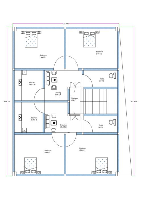 30x40 duplex-style 4BHK floor plan (actual size approximately 30x42.25 ft with one side slightly angled at 42 ft) featuring symmetrical upper and lower residential units with central staircase access. The layout is 30 feet wide and approximately 42 feet deep. The plan includes four bedrooms, each measuring 14x12 feet—two positioned at the top section and two at the bottom section. Two kitchens (each approximately 9x7.5 feet) are located on the left middle portion, serving separate living units. Two drawing rooms (approximately 9x6.5 feet each) are positioned adjacent to the kitchens. A centrally located staircase measuring approximately 14x7 feet provides vertical circulation. Two toilets (each 5x10 feet) are placed on the right side aligned vertically. The design shows door swings, wall thickness, internal dimensions, and furniture placement for clarity.