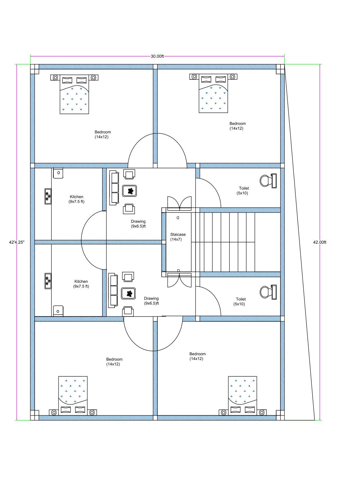30x40 duplex-style 4BHK floor plan (actual size approximately 30x42.25 ft with one side slightly angled at 42 ft) featuring symmetrical upper and lower residential units with central staircase access. The layout is 30 feet wide and approximately 42 feet deep. The plan includes four bedrooms, each measuring 14x12 feet—two positioned at the top section and two at the bottom section. Two kitchens (each approximately 9x7.5 feet) are located on the left middle portion, serving separate living units. Two drawing rooms (approximately 9x6.5 feet each) are positioned adjacent to the kitchens. A centrally located staircase measuring approximately 14x7 feet provides vertical circulation. Two toilets (each 5x10 feet) are placed on the right side aligned vertically. The design shows door swings, wall thickness, internal dimensions, and furniture placement for clarity.