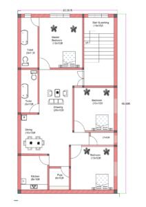 30x45 3BHK house floor plan featuring three bedrooms, two attached toilets, spacious drawing room, separate dining area, kitchen, puja room, and front-side stair with parking space. The plot measures 30 feet in width and 45 feet in depth. The layout includes a master bedroom (12x13 ft) at the top left with an attached toilet (5x11 ft). Another bedroom (12x12 ft) is positioned at the middle right, and a third bedroom (13x12 ft) is located at the bottom right. Two toilets measuring approximately 5x11 feet each are placed along the left side for plumbing alignment. The central drawing room measures approximately 20x10 feet, connected to a 10x10 feet dining area. The kitchen is located at the bottom left corner measuring 8x10 feet, with a 6x10 feet puja room adjacent to it. A staircase with parking space (10x15 ft) is positioned at the top right corner. The plan clearly displays dimensions, door swings, wall thickness, and furniture layout.
