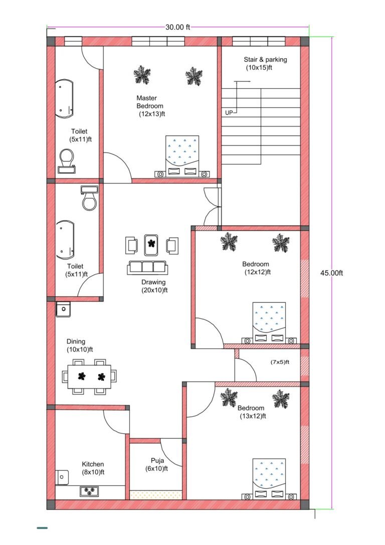 30x45 3BHK house floor plan featuring three bedrooms, two attached toilets, spacious drawing room, separate dining area, kitchen, puja room, and front-side stair with parking space. The plot measures 30 feet in width and 45 feet in depth. The layout includes a master bedroom (12x13 ft) at the top left with an attached toilet (5x11 ft). Another bedroom (12x12 ft) is positioned at the middle right, and a third bedroom (13x12 ft) is located at the bottom right. Two toilets measuring approximately 5x11 feet each are placed along the left side for plumbing alignment. The central drawing room measures approximately 20x10 feet, connected to a 10x10 feet dining area. The kitchen is located at the bottom left corner measuring 8x10 feet, with a 6x10 feet puja room adjacent to it. A staircase with parking space (10x15 ft) is positioned at the top right corner. The plan clearly displays dimensions, door swings, wall thickness, and furniture layout.