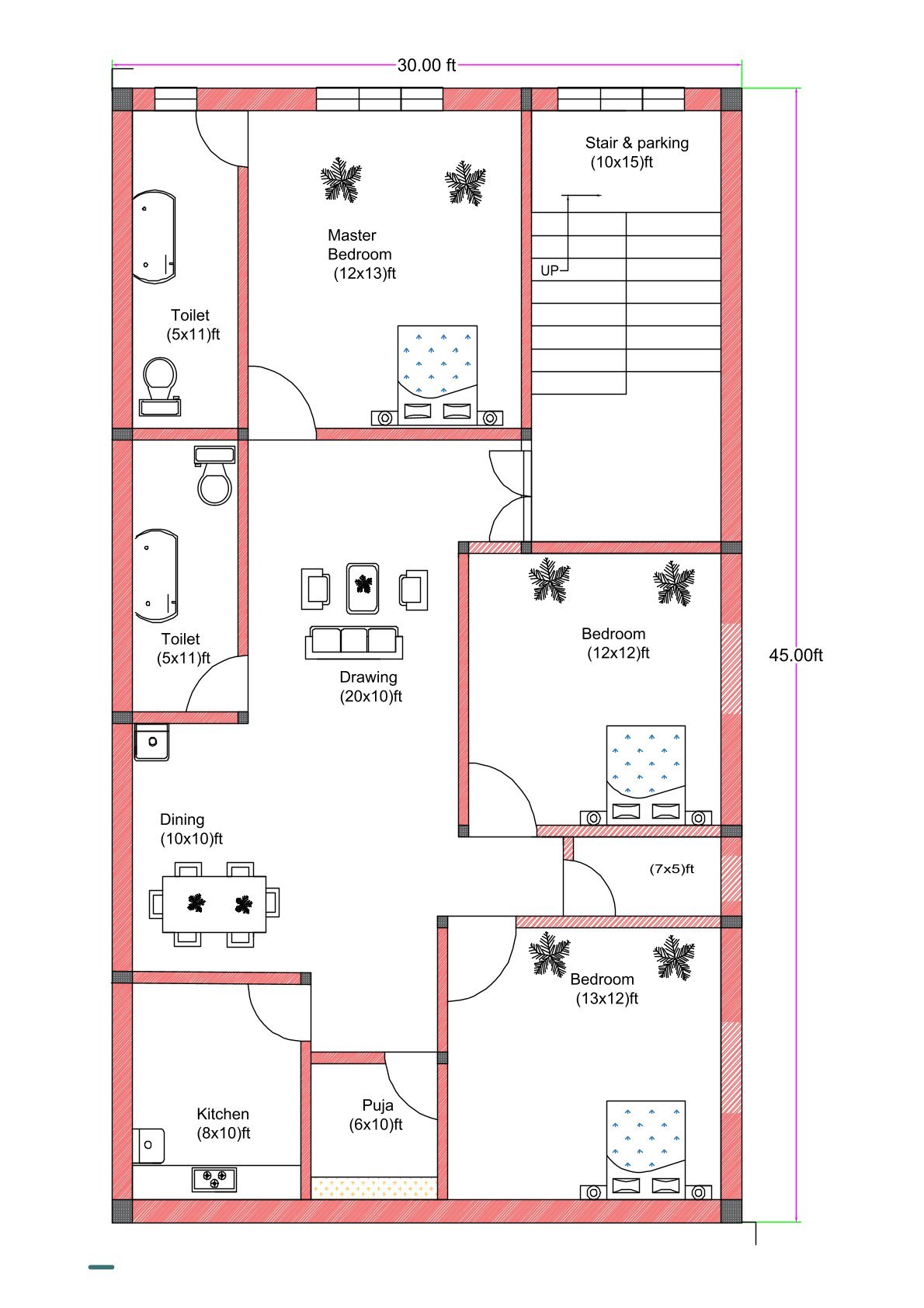 30x45 3BHK house floor plan featuring three bedrooms, two attached toilets, spacious drawing room, separate dining area, kitchen, puja room, and front-side stair with parking space. The plot measures 30 feet in width and 45 feet in depth. The layout includes a master bedroom (12x13 ft) at the top left with an attached toilet (5x11 ft). Another bedroom (12x12 ft) is positioned at the middle right, and a third bedroom (13x12 ft) is located at the bottom right. Two toilets measuring approximately 5x11 feet each are placed along the left side for plumbing alignment. The central drawing room measures approximately 20x10 feet, connected to a 10x10 feet dining area. The kitchen is located at the bottom left corner measuring 8x10 feet, with a 6x10 feet puja room adjacent to it. A staircase with parking space (10x15 ft) is positioned at the top right corner. The plan clearly displays dimensions, door swings, wall thickness, and furniture layout.