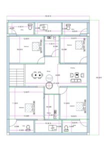 30x45 4BHK house floor plan featuring four bedrooms, central dining area, separate drawing room, kitchen in the middle section, multiple toilets, and staircase access on the left side. The plot measures 30 feet in width and 45 feet in depth. The layout includes four bedrooms: two bedrooms at the top measuring approximately 12x10 feet and 10x10 feet, and two bedrooms at the bottom measuring approximately 14x11.5 feet and 11.5x10 feet. A centrally positioned dining space measuring approximately 21.5 feet in length connects all rooms. The drawing room is located on the right middle side measuring about 9 feet in width. The kitchen is placed near the center bottom area measuring approximately 10x5 feet. Multiple toilets are distributed at the top and bottom sections, each measuring around 8x5 feet. The staircase is located on the left middle side providing vertical access. The plan shows clear dimensions, wall thickness, furniture layout, and door swings.