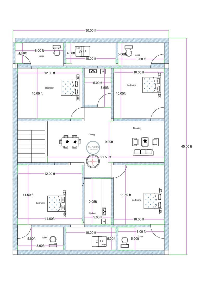 30x45 4BHK house floor plan featuring four bedrooms, central dining area, separate drawing room, kitchen in the middle section, multiple toilets, and staircase access on the left side. The plot measures 30 feet in width and 45 feet in depth. The layout includes four bedrooms: two bedrooms at the top measuring approximately 12x10 feet and 10x10 feet, and two bedrooms at the bottom measuring approximately 14x11.5 feet and 11.5x10 feet. A centrally positioned dining space measuring approximately 21.5 feet in length connects all rooms. The drawing room is located on the right middle side measuring about 9 feet in width. The kitchen is placed near the center bottom area measuring approximately 10x5 feet. Multiple toilets are distributed at the top and bottom sections, each measuring around 8x5 feet. The staircase is located on the left middle side providing vertical access. The plan shows clear dimensions, wall thickness, furniture layout, and door swings.