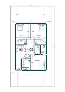 30x45 3BHK house floor plan with four toilets, central drawing and dining area, kitchen near entrance, and spacious front and rear setbacks within a 38x75 overall plot. The constructed portion measures approximately 30 feet in width and 45 feet in depth, centered within a larger 38x75 feet plot providing 4-foot side margins and 15-foot front and rear open spaces. The layout includes three bedrooms: two bedrooms at the top measuring approximately 13.75x14 feet each, and one bedroom at the bottom right measuring approximately 13.75x14 feet. Four toilets are distributed efficiently, each measuring around 5x10 feet or similar dimensions for plumbing alignment. The central drawing area connects to a dining space measuring approximately 12.5x13.75 feet. The kitchen is positioned at the bottom left near the entrance, measuring approximately 10x10 feet. Internal passages measure around 7 feet wide for circulation. The plan shows wall thickness, dimensions, door swings, and furniture layout.
