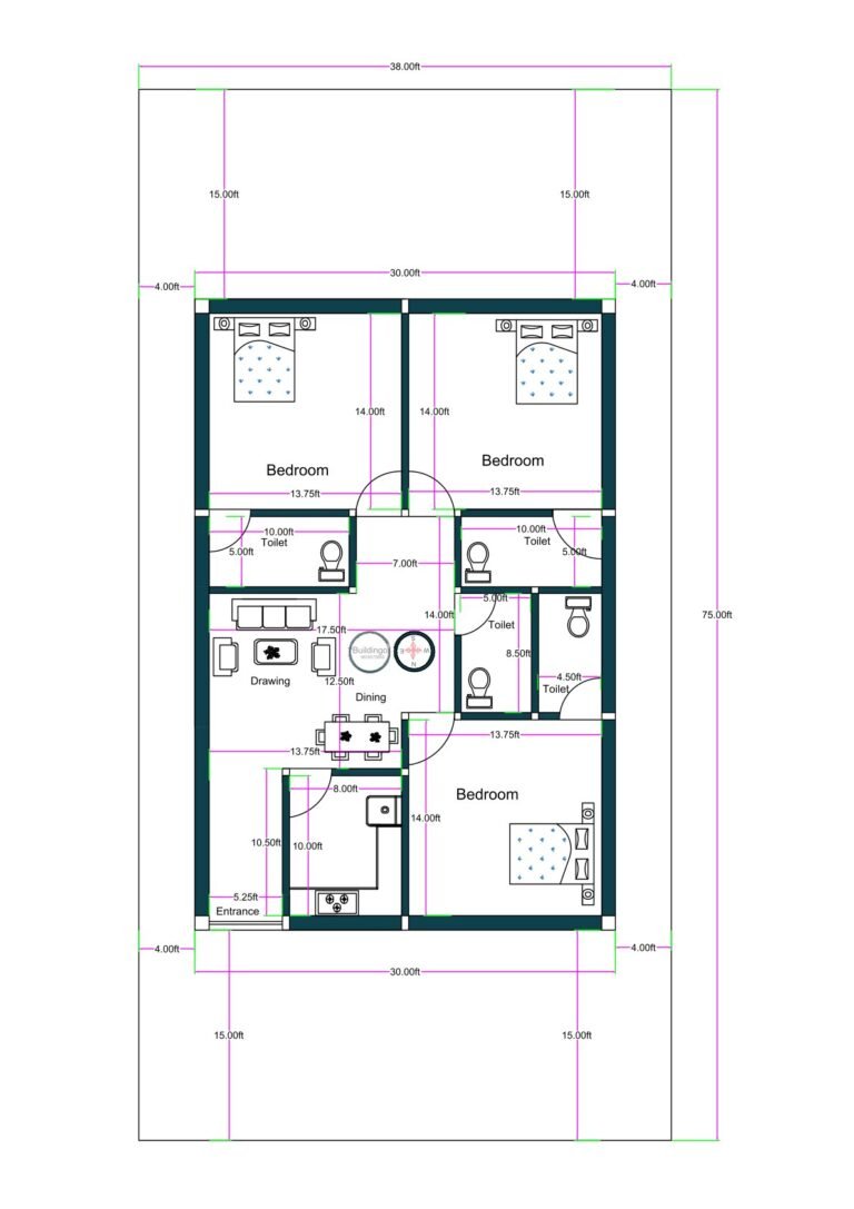 30x45 3BHK house floor plan with four toilets, central drawing and dining area, kitchen near entrance, and spacious front and rear setbacks within a 38x75 overall plot. The constructed portion measures approximately 30 feet in width and 45 feet in depth, centered within a larger 38x75 feet plot providing 4-foot side margins and 15-foot front and rear open spaces. The layout includes three bedrooms: two bedrooms at the top measuring approximately 13.75x14 feet each, and one bedroom at the bottom right measuring approximately 13.75x14 feet. Four toilets are distributed efficiently, each measuring around 5x10 feet or similar dimensions for plumbing alignment. The central drawing area connects to a dining space measuring approximately 12.5x13.75 feet. The kitchen is positioned at the bottom left near the entrance, measuring approximately 10x10 feet. Internal passages measure around 7 feet wide for circulation. The plan shows wall thickness, dimensions, door swings, and furniture layout.