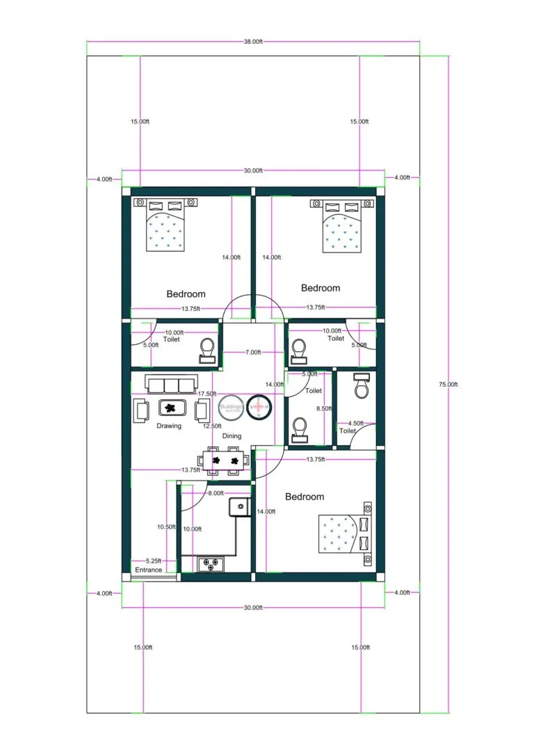 30x45 3BHK house floor plan with four toilets, central drawing and dining area, kitchen near entrance, and spacious front and rear setbacks within a 38x75 overall plot. The constructed portion measures approximately 30 feet in width and 45 feet in depth, centered within a larger 38x75 feet plot providing 4-foot side margins and 15-foot front and rear open spaces. The layout includes three bedrooms: two bedrooms at the top measuring approximately 13.75x14 feet each, and one bedroom at the bottom right measuring approximately 13.75x14 feet. Four toilets are distributed efficiently, each measuring around 5x10 feet or similar dimensions for plumbing alignment. The central drawing area connects to a dining space measuring approximately 12.5x13.75 feet. The kitchen is positioned at the bottom left near the entrance, measuring approximately 10x10 feet. Internal passages measure around 7 feet wide for circulation. The plan shows wall thickness, dimensions, door swings, and furniture layout.