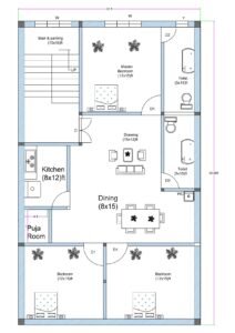 30x50 3BHK house floor plan with stair and parking area, three 12x15 ft bedrooms, two attached toilets, central drawing and dining area, kitchen, and puja room. The plot measures 30 feet in width and 50 feet in depth. A 10x18 ft stair and parking space is positioned at the top left corner with upward access. The master bedroom (12x15 ft) is located at the top center. Two additional bedrooms (12x15 ft each) are placed at the bottom left and bottom right corners. Two toilets measuring approximately 5x15 ft each are aligned vertically on the right side for plumbing efficiency. The drawing room measures approximately 15x12 ft and connects to a spacious dining area (8x15 ft). The kitchen (8x12 ft) is located on the left middle side adjacent to a small puja room. The layout shows door swings, window placements, wall thickness, and internal dimensions clearly.