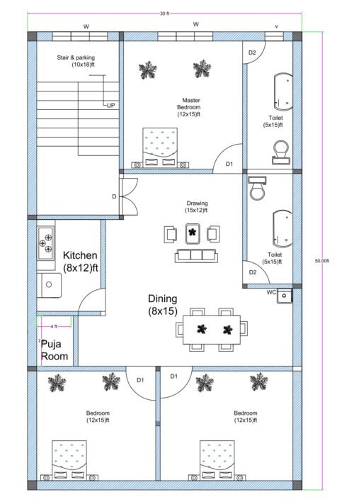 30x50 3BHK house floor plan with stair and parking area, three 12x15 ft bedrooms, two attached toilets, central drawing and dining area, kitchen, and puja room. The plot measures 30 feet in width and 50 feet in depth. A 10x18 ft stair and parking space is positioned at the top left corner with upward access. The master bedroom (12x15 ft) is located at the top center. Two additional bedrooms (12x15 ft each) are placed at the bottom left and bottom right corners. Two toilets measuring approximately 5x15 ft each are aligned vertically on the right side for plumbing efficiency. The drawing room measures approximately 15x12 ft and connects to a spacious dining area (8x15 ft). The kitchen (8x12 ft) is located on the left middle side adjacent to a small puja room. The layout shows door swings, window placements, wall thickness, and internal dimensions clearly.