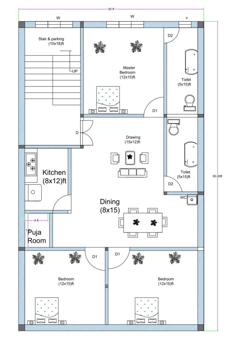 30x50 3BHK house floor plan with stair and parking area, three 12x15 ft bedrooms, two attached toilets, central drawing and dining area, kitchen, and puja room. The plot measures 30 feet in width and 50 feet in depth. A 10x18 ft stair and parking space is positioned at the top left corner with upward access. The master bedroom (12x15 ft) is located at the top center. Two additional bedrooms (12x15 ft each) are placed at the bottom left and bottom right corners. Two toilets measuring approximately 5x15 ft each are aligned vertically on the right side for plumbing efficiency. The drawing room measures approximately 15x12 ft and connects to a spacious dining area (8x15 ft). The kitchen (8x12 ft) is located on the left middle side adjacent to a small puja room. The layout shows door swings, window placements, wall thickness, and internal dimensions clearly.