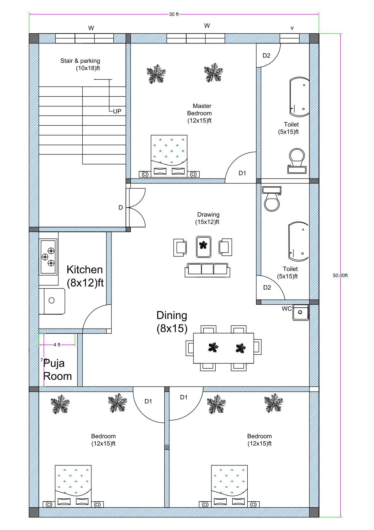 30x50 3BHK house floor plan with stair and parking area, three 12x15 ft bedrooms, two attached toilets, central drawing and dining area, kitchen, and puja room. The plot measures 30 feet in width and 50 feet in depth. A 10x18 ft stair and parking space is positioned at the top left corner with upward access. The master bedroom (12x15 ft) is located at the top center. Two additional bedrooms (12x15 ft each) are placed at the bottom left and bottom right corners. Two toilets measuring approximately 5x15 ft each are aligned vertically on the right side for plumbing efficiency. The drawing room measures approximately 15x12 ft and connects to a spacious dining area (8x15 ft). The kitchen (8x12 ft) is located on the left middle side adjacent to a small puja room. The layout shows door swings, window placements, wall thickness, and internal dimensions clearly.