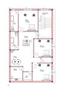 30x50 3BHK house floor plan with stair and parking area, three bedrooms, two toilets, separate drawing and dining spaces, kitchen, and puja room. The plot measures approximately 30 feet in width and 50 feet in depth. The layout includes a master bedroom (14x12 ft) at the top center with an attached toilet (5x14 ft). Another toilet (5x14 ft) is positioned along the left side for common access. A second bedroom (12x12 ft) is located on the right middle side, and a third bedroom (13x12 ft) is placed at the bottom right corner. The drawing room measures approximately 10x12 feet and connects to the dining area (11x15 ft). The kitchen (8x10 ft) is positioned at the bottom left, with a 6x6 ft puja room adjacent to it. A stair and parking area measuring approximately 9x20 ft is located at the top right corner. The plan clearly shows wall thickness, door swings, window placements, and internal dimensions.