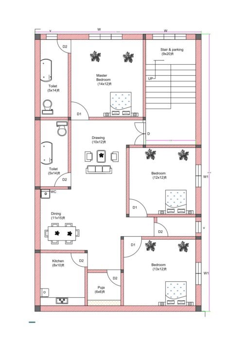 30x50 3BHK house floor plan with stair and parking area, three bedrooms, two toilets, separate drawing and dining spaces, kitchen, and puja room. The plot measures approximately 30 feet in width and 50 feet in depth. The layout includes a master bedroom (14x12 ft) at the top center with an attached toilet (5x14 ft). Another toilet (5x14 ft) is positioned along the left side for common access. A second bedroom (12x12 ft) is located on the right middle side, and a third bedroom (13x12 ft) is placed at the bottom right corner. The drawing room measures approximately 10x12 feet and connects to the dining area (11x15 ft). The kitchen (8x10 ft) is positioned at the bottom left, with a 6x6 ft puja room adjacent to it. A stair and parking area measuring approximately 9x20 ft is located at the top right corner. The plan clearly shows wall thickness, door swings, window placements, and internal dimensions.