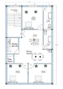 30x52 3BHK house floor plan with stair and parking area, three bedrooms, two toilets, central drawing and dining space, kitchen, and puja room. The plot measures 30 feet in width and 52 feet in depth. A 10x18 ft stair and parking area is located at the top left corner with upward staircase access. The master bedroom (12x15 ft) is positioned at the top center. Two additional bedrooms are located at the bottom section, measuring approximately 12x13 ft and 12x15 ft. Two vertically aligned toilets (5x15 ft each) are placed on the right side for plumbing efficiency. The drawing room measures approximately 15x12 ft and connects to a dining area measuring 10x15 ft. The kitchen (8x12 ft) is placed on the left middle side adjacent to a small puja room. The layout clearly shows door swings, windows, wall thickness, and internal dimensions.