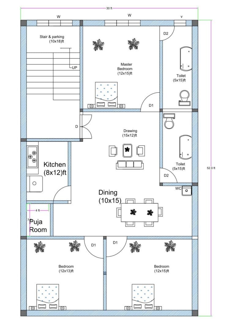 30x52 3BHK house floor plan with stair and parking area, three bedrooms, two toilets, central drawing and dining space, kitchen, and puja room. The plot measures 30 feet in width and 52 feet in depth. A 10x18 ft stair and parking area is located at the top left corner with upward staircase access. The master bedroom (12x15 ft) is positioned at the top center. Two additional bedrooms are located at the bottom section, measuring approximately 12x13 ft and 12x15 ft. Two vertically aligned toilets (5x15 ft each) are placed on the right side for plumbing efficiency. The drawing room measures approximately 15x12 ft and connects to a dining area measuring 10x15 ft. The kitchen (8x12 ft) is placed on the left middle side adjacent to a small puja room. The layout clearly shows door swings, windows, wall thickness, and internal dimensions.