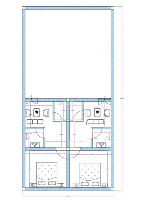 30x60 duplex-style 2BHK + 2BHK house floor plan featuring two symmetrical residential units within a 30 feet wide and 60 feet deep plot. The layout shows mirrored left and right sections separated by a central wall and common entry passage. Each unit includes one bedroom at the bottom measuring approximately 12x13 feet, a compact kitchen positioned above the bedroom area, and a drawing/living space located near the top front side. A central passage of approximately 7 feet width provides access to both units. Internal room dimensions, wall thickness, door swings, and window placements are clearly indicated. The upper portion of the plan shows open or unused space, suggesting potential for future extension or terrace usage.