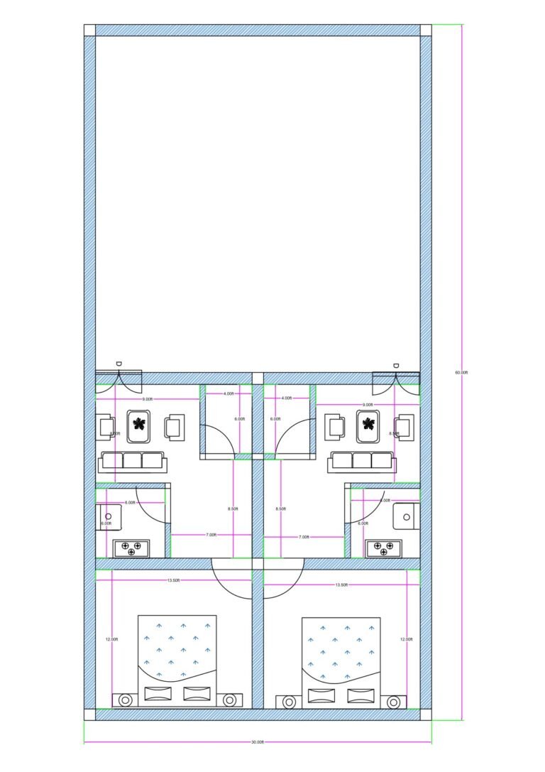 30x60 duplex-style 2BHK + 2BHK house floor plan featuring two symmetrical residential units within a 30 feet wide and 60 feet deep plot. The layout shows mirrored left and right sections separated by a central wall and common entry passage. Each unit includes one bedroom at the bottom measuring approximately 12x13 feet, a compact kitchen positioned above the bedroom area, and a drawing/living space located near the top front side. A central passage of approximately 7 feet width provides access to both units. Internal room dimensions, wall thickness, door swings, and window placements are clearly indicated. The upper portion of the plan shows open or unused space, suggesting potential for future extension or terrace usage.