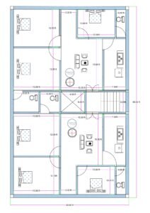 30x60 duplex-style 3BHK + 3BHK house floor plan featuring two symmetrical residential units within a 30 feet wide and 60 feet deep plot. Each unit includes three bedrooms measuring approximately 10x12 feet, a central drawing/living area measuring about 10x15 to 15.5 feet, a kitchen positioned on the right side (approximately 7 feet wide), and attached/common toilets measuring around 4x6 feet or 6x6 feet. A staircase is located along the right middle section providing vertical access to upper floors. A central open duct or ventilation shaft (approximately 4.5x6.5 feet) is placed between the two units for airflow and lighting. The layout clearly shows internal dimensions, wall thickness, door swings, window placements, and circulation passages.