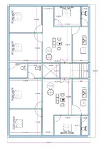 30x60 duplex-style 3BHK + 3BHK house floor plan featuring two symmetrical residential units within a 30 feet wide and 60 feet deep plot. Each unit includes three bedrooms measuring approximately 10x12 feet, a central drawing/living area measuring about 10x15 to 15.5 feet, a kitchen positioned on the right side (approximately 7 feet wide), and attached/common toilets measuring around 4x6 feet or 6x6 feet. A staircase is located along the right middle section providing vertical access to upper floors. A central open duct or ventilation shaft (approximately 4.5x6.5 feet) is placed between the two units for airflow and lighting. The layout clearly shows internal dimensions, wall thickness, door swings, window placements, and circulation passages.