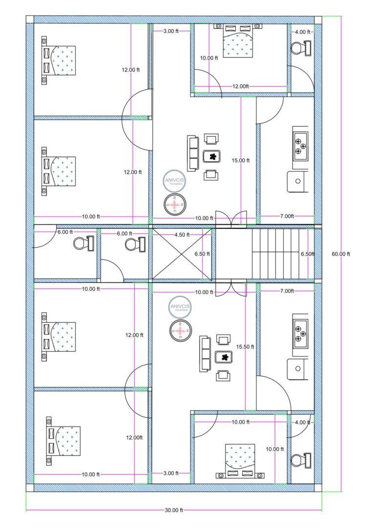 30x60 duplex-style 3BHK + 3BHK house floor plan featuring two symmetrical residential units within a 30 feet wide and 60 feet deep plot. Each unit includes three bedrooms measuring approximately 10x12 feet, a central drawing/living area measuring about 10x15 to 15.5 feet, a kitchen positioned on the right side (approximately 7 feet wide), and attached/common toilets measuring around 4x6 feet or 6x6 feet. A staircase is located along the right middle section providing vertical access to upper floors. A central open duct or ventilation shaft (approximately 4.5x6.5 feet) is placed between the two units for airflow and lighting. The layout clearly shows internal dimensions, wall thickness, door swings, window placements, and circulation passages.