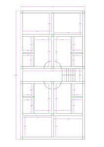 30x60 four-unit 1BHK apartment floor plan with central corridor, staircase on the right side, and symmetrical layout within a 30 feet wide and 60 feet deep plot. The design divides the floor into four identical residential units, two at the top and two at the bottom. Each unit includes a bedroom measuring approximately 10x13.5 feet, a hall/living area measuring around 10x14 feet, a compact kitchen space approximately 5x7 feet, and a toilet area around 5x6 feet. A central passage approximately 20 feet wide runs horizontally across the middle for circulation. The staircase is located on the right middle section for vertical access to upper floors. The layout clearly indicates internal dimensions, wall thickness, door openings, and symmetrical room distribution.
