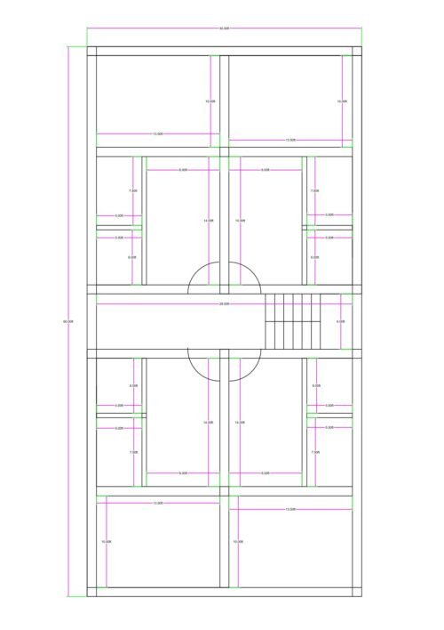 30x60 four-unit 1BHK apartment floor plan with central corridor, staircase on the right side, and symmetrical layout within a 30 feet wide and 60 feet deep plot. The design divides the floor into four identical residential units, two at the top and two at the bottom. Each unit includes a bedroom measuring approximately 10x13.5 feet, a hall/living area measuring around 10x14 feet, a compact kitchen space approximately 5x7 feet, and a toilet area around 5x6 feet. A central passage approximately 20 feet wide runs horizontally across the middle for circulation. The staircase is located on the right middle section for vertical access to upper floors. The layout clearly indicates internal dimensions, wall thickness, door openings, and symmetrical room distribution.