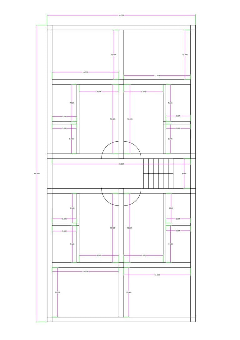 30x60 four-unit 1BHK apartment floor plan with central corridor, staircase on the right side, and symmetrical layout within a 30 feet wide and 60 feet deep plot. The design divides the floor into four identical residential units, two at the top and two at the bottom. Each unit includes a bedroom measuring approximately 10x13.5 feet, a hall/living area measuring around 10x14 feet, a compact kitchen space approximately 5x7 feet, and a toilet area around 5x6 feet. A central passage approximately 20 feet wide runs horizontally across the middle for circulation. The staircase is located on the right middle section for vertical access to upper floors. The layout clearly indicates internal dimensions, wall thickness, door openings, and symmetrical room distribution.