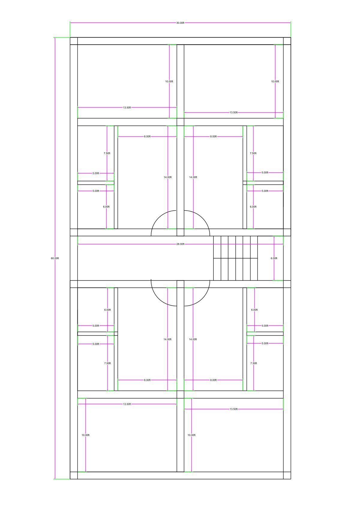 30x60 four-unit 1BHK apartment floor plan with central corridor, staircase on the right side, and symmetrical layout within a 30 feet wide and 60 feet deep plot. The design divides the floor into four identical residential units, two at the top and two at the bottom. Each unit includes a bedroom measuring approximately 10x13.5 feet, a hall/living area measuring around 10x14 feet, a compact kitchen space approximately 5x7 feet, and a toilet area around 5x6 feet. A central passage approximately 20 feet wide runs horizontally across the middle for circulation. The staircase is located on the right middle section for vertical access to upper floors. The layout clearly indicates internal dimensions, wall thickness, door openings, and symmetrical room distribution.