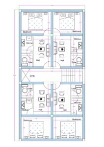 30x60 four-unit 1BHK apartment floor plan featuring symmetrical layout with central OTS (Open to Sky) courtyard, staircase on the right middle section, and four independent residential units within a 30 feet wide and 60 feet deep plot. Each 1BHK unit includes one bedroom positioned at the outer ends (top and bottom), a central hall/living area, a compact kitchen adjacent to the hall, and an attached toilet. The bedrooms measure approximately 12x13 feet, halls are centrally placed with seating layout, and kitchens are compactly designed for efficient workflow. Toilets are located beside kitchens for plumbing alignment. A central OTS space provides ventilation and natural light to internal areas. The staircase along the right side ensures vertical connectivity to upper floors. The plan clearly displays internal dimensions, wall thickness, door swings, and circulation paths.