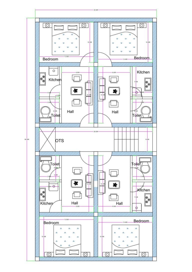30x60 four-unit 1BHK apartment floor plan featuring symmetrical layout with central OTS (Open to Sky) courtyard, staircase on the right middle section, and four independent residential units within a 30 feet wide and 60 feet deep plot. Each 1BHK unit includes one bedroom positioned at the outer ends (top and bottom), a central hall/living area, a compact kitchen adjacent to the hall, and an attached toilet. The bedrooms measure approximately 12x13 feet, halls are centrally placed with seating layout, and kitchens are compactly designed for efficient workflow. Toilets are located beside kitchens for plumbing alignment. A central OTS space provides ventilation and natural light to internal areas. The staircase along the right side ensures vertical connectivity to upper floors. The plan clearly displays internal dimensions, wall thickness, door swings, and circulation paths.