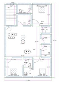 “Detailed 3BHK house plan for a 30×50 plot (actual drawing size: 31.8×50 ft) featuring three spacious bedrooms, centrally placed 22.8×20 ft combined drawing–dining hall, two toilets near the entrance staircase area, a compact puja room, 6×6 ft store room, an 8×8 ft kitchen, and symmetrical bedroom layout on both sides. This 30×50 floor plan includes real construction-ready dimensions such as 12×14 ft master bedroom, twin 12×11 ft bedrooms, multiple 6×8.8 ft toilets, and smart internal connections designed for a vastu-friendly, highly ventilated residential architecture.”