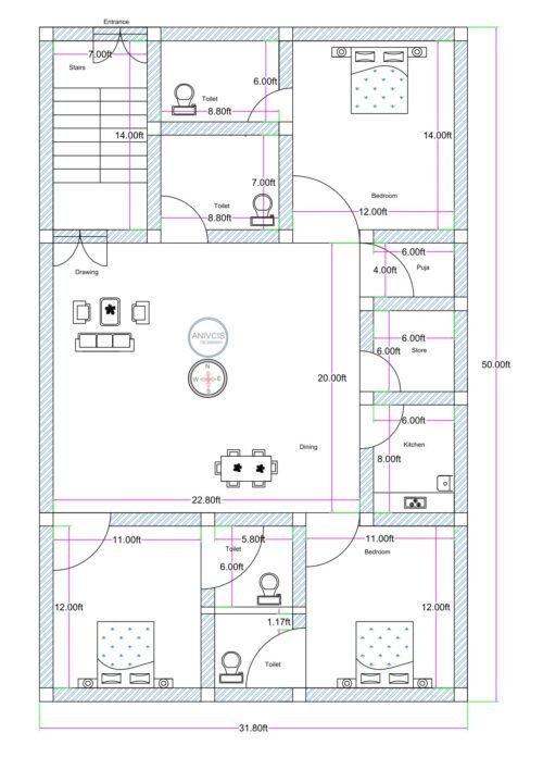 “Detailed 3BHK house plan for a 30×50 plot (actual drawing size: 31.8×50 ft) featuring three spacious bedrooms, centrally placed 22.8×20 ft combined drawing–dining hall, two toilets near the entrance staircase area, a compact puja room, 6×6 ft store room, an 8×8 ft kitchen, and symmetrical bedroom layout on both sides. This 30×50 floor plan includes real construction-ready dimensions such as 12×14 ft master bedroom, twin 12×11 ft bedrooms, multiple 6×8.8 ft toilets, and smart internal connections designed for a vastu-friendly, highly ventilated residential architecture.”