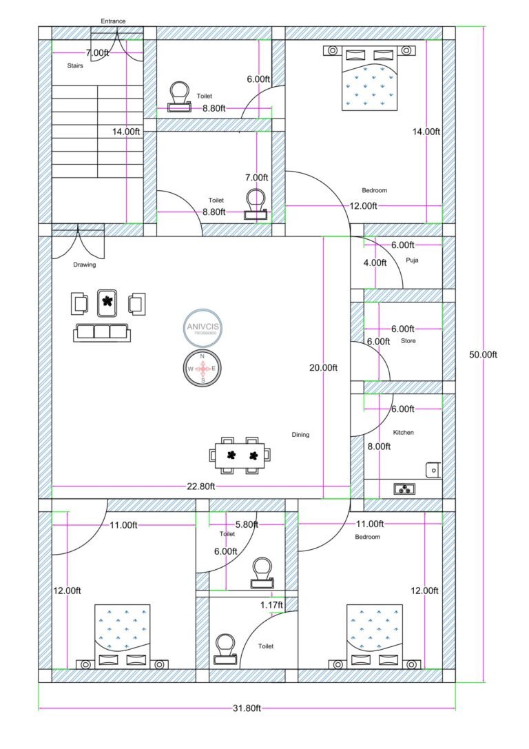“Detailed 3BHK house plan for a 30×50 plot (actual drawing size: 31.8×50 ft) featuring three spacious bedrooms, centrally placed 22.8×20 ft combined drawing–dining hall, two toilets near the entrance staircase area, a compact puja room, 6×6 ft store room, an 8×8 ft kitchen, and symmetrical bedroom layout on both sides. This 30×50 floor plan includes real construction-ready dimensions such as 12×14 ft master bedroom, twin 12×11 ft bedrooms, multiple 6×8.8 ft toilets, and smart internal connections designed for a vastu-friendly, highly ventilated residential architecture.”