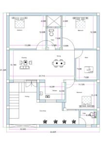 “Detailed 3BHK house plan for a 30×40 plot (actual design size: 33.83×41.5 ft) featuring three bedrooms, a large integrated drawing–dining hall, centrally positioned toilet, front-side parking area, open sit-out space, modular kitchen, store room, and rear bedroom with attached toilet. The floor plan displays accurate construction-ready dimensions including 12×13.29 ft bedrooms, 10.79×23.71 ft combined living–dining area, 9.2×6.2 ft kitchen, and a spacious 10 ft front setback with greenery. Ideal for modern families seeking ventilation, vastu alignment, and an efficient 3BHK layout on a 30×40 plot.”