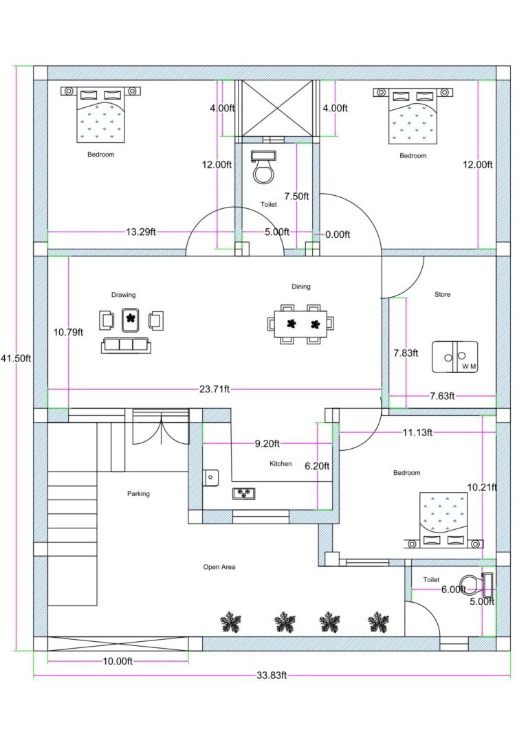 “Detailed 3BHK house plan for a 30×40 plot (actual design size: 33.83×41.5 ft) featuring three bedrooms, a large integrated drawing–dining hall, centrally positioned toilet, front-side parking area, open sit-out space, modular kitchen, store room, and rear bedroom with attached toilet. The floor plan displays accurate construction-ready dimensions including 12×13.29 ft bedrooms, 10.79×23.71 ft combined living–dining area, 9.2×6.2 ft kitchen, and a spacious 10 ft front setback with greenery. Ideal for modern families seeking ventilation, vastu alignment, and an efficient 3BHK layout on a 30×40 plot.”