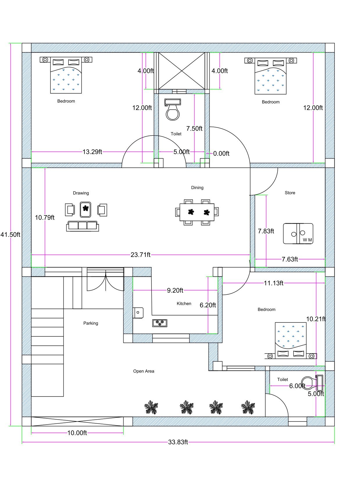 “Detailed 3BHK house plan for a 30×40 plot (actual design size: 33.83×41.5 ft) featuring three bedrooms, a large integrated drawing–dining hall, centrally positioned toilet, front-side parking area, open sit-out space, modular kitchen, store room, and rear bedroom with attached toilet. The floor plan displays accurate construction-ready dimensions including 12×13.29 ft bedrooms, 10.79×23.71 ft combined living–dining area, 9.2×6.2 ft kitchen, and a spacious 10 ft front setback with greenery. Ideal for modern families seeking ventilation, vastu alignment, and an efficient 3BHK layout on a 30×40 plot.”