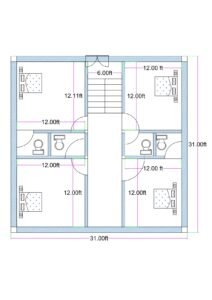 “Detailed 4-bedroom house plan for a 30×30 plot (actual drawing size: 31×31 ft) featuring four equal-sized 12×12 ft bedrooms, each with an attached toilet, and a centrally located staircase providing vertical circulation. The layout includes symmetrical room placement, private washrooms for all bedrooms, and efficient wall alignment suitable for G+1 or G+2 construction. Ideal for modern families, rental units, PG accommodations, and compact housing on a 30×30 plot.”