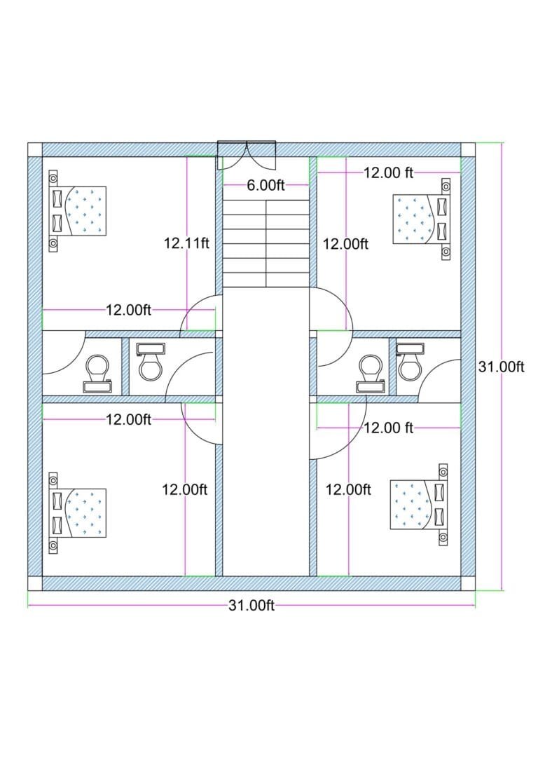 “Detailed 4-bedroom house plan for a 30×30 plot (actual drawing size: 31×31 ft) featuring four equal-sized 12×12 ft bedrooms, each with an attached toilet, and a centrally located staircase providing vertical circulation. The layout includes symmetrical room placement, private washrooms for all bedrooms, and efficient wall alignment suitable for G+1 or G+2 construction. Ideal for modern families, rental units, PG accommodations, and compact housing on a 30×30 plot.”