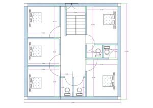 “Detailed 4-bedroom floor plan for a 30×30 plot (actual drawing size: 31×31 ft) showing four spacious bedrooms, two attached toilets at the bottom, two additional toilets on the right side, and a centrally located staircase with a large lobby area. The plan includes 12×12 ft bedrooms, symmetrical wall alignment, private washrooms, and efficient ventilation, suitable for rental homes, PG accommodation, compact family houses, and multi-storey development on a 30×30 plot.”