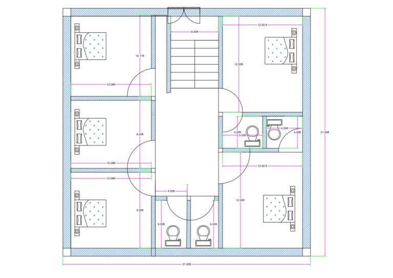“Detailed 4-bedroom floor plan for a 30×30 plot (actual drawing size: 31×31 ft) showing four spacious bedrooms, two attached toilets at the bottom, two additional toilets on the right side, and a centrally located staircase with a large lobby area. The plan includes 12×12 ft bedrooms, symmetrical wall alignment, private washrooms, and efficient ventilation, suitable for rental homes, PG accommodation, compact family houses, and multi-storey development on a 30×30 plot.”