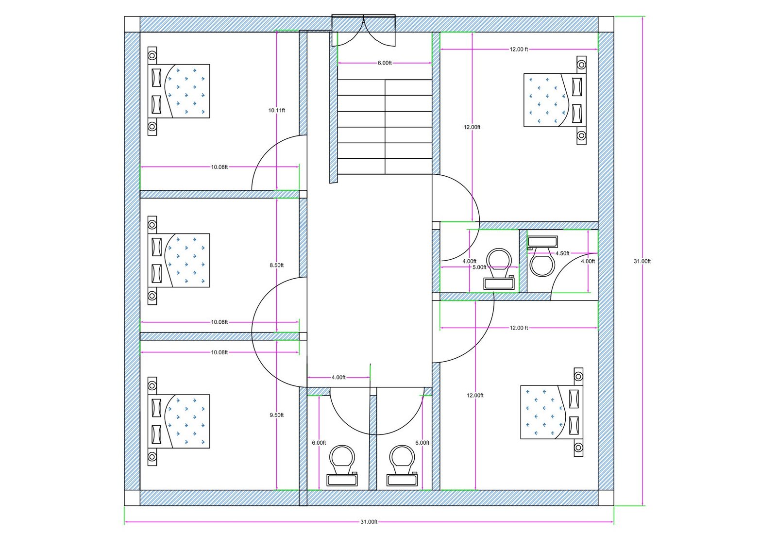 “Detailed 4-bedroom floor plan for a 30×30 plot (actual drawing size: 31×31 ft) showing four spacious bedrooms, two attached toilets at the bottom, two additional toilets on the right side, and a centrally located staircase with a large lobby area. The plan includes 12×12 ft bedrooms, symmetrical wall alignment, private washrooms, and efficient ventilation, suitable for rental homes, PG accommodation, compact family houses, and multi-storey development on a 30×30 plot.”