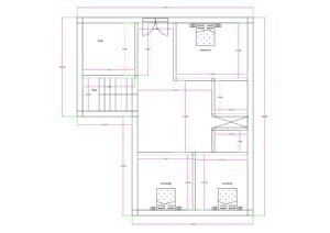 “3BHK house plan for a 30×40 plot (actual usable size: 32×36 ft) showing a front-side commercial shop, central staircase, one master bedroom, and two children’s bedrooms at the bottom. The layout includes a compact kitchen area, storage space, large central lobby, and efficient room alignment suitable for small-plot mixed-use residential plus commercial buildings.”