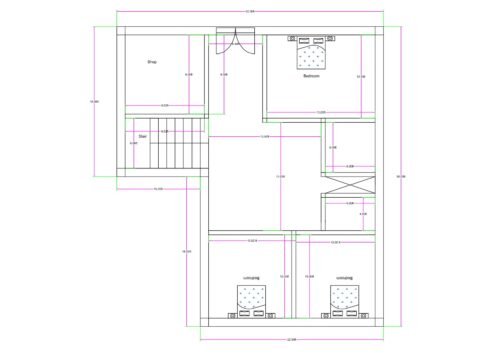 “3BHK house plan for a 30×40 plot (actual usable size: 32×36 ft) showing a front-side commercial shop, central staircase, one master bedroom, and two children’s bedrooms at the bottom. The layout includes a compact kitchen area, storage space, large central lobby, and efficient room alignment suitable for small-plot mixed-use residential plus commercial buildings.”